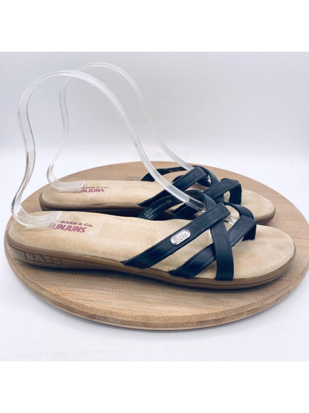 Vintage G H Bass Co Sunjuns Sandals 9 Black Leather Slip On Comfort Nellie Flats